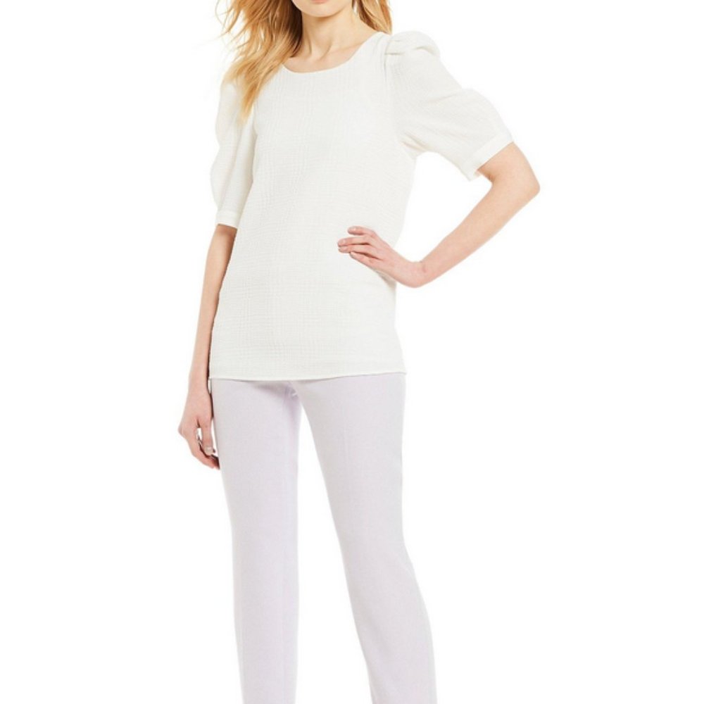 Calvin Klein Women's White Textured Short Puff Sleeves Top XL